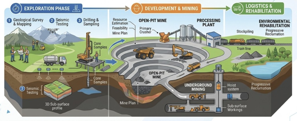 Mining Value Chain Lifecycle Diagram — Exploration Phase, Development & Mining, Logistics & Rehabilitation